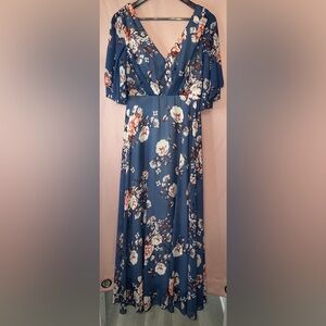 Women's Navy Blue Floral V-Neck Maxi Dress